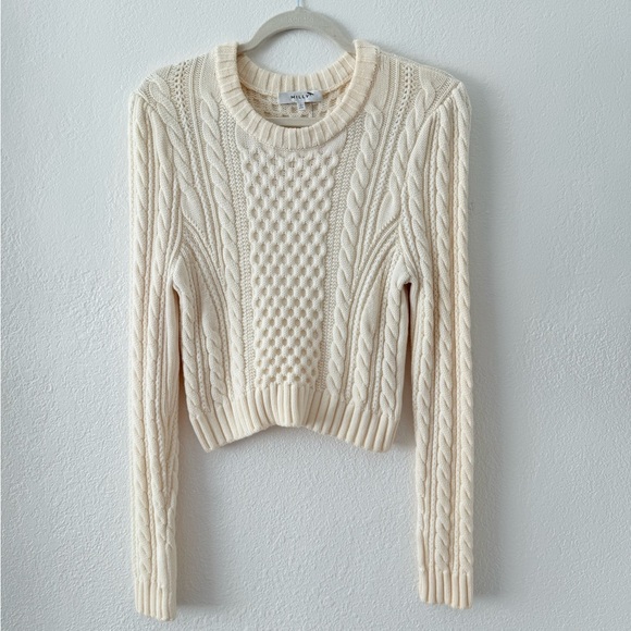 Milly Ivory Cable Knit Pullover Crop Soft Wool Sweater Size L - Picture 5 of 12